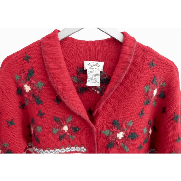 Vintage Talbots Christmas Tree Hand Knit Button Cardigan Lambs Wool Womens L - Picture 2 of 6
